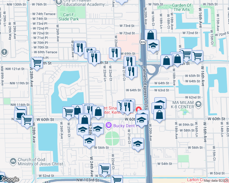 map of restaurants, bars, coffee shops, grocery stores, and more near 6433 West 22nd Court in Hialeah