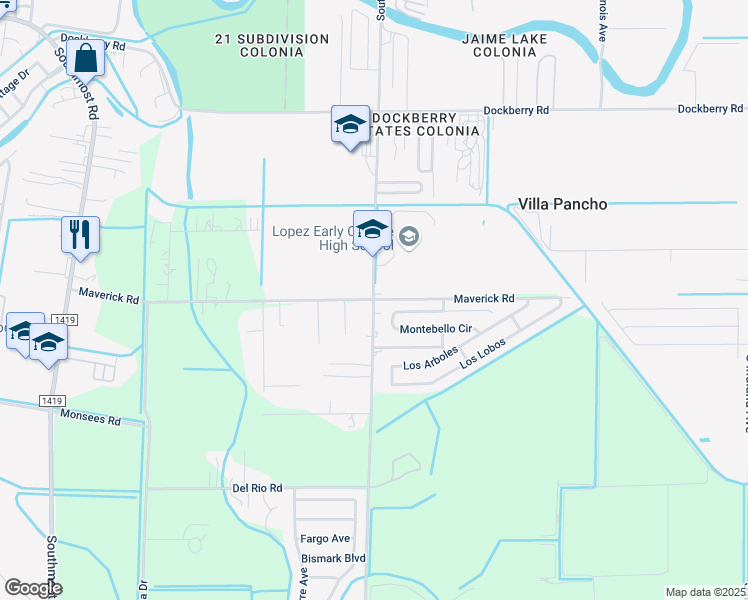 map of restaurants, bars, coffee shops, grocery stores, and more near Maverick Road in Brownsville