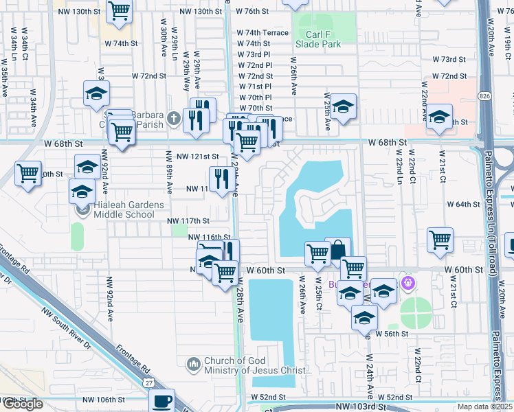 map of restaurants, bars, coffee shops, grocery stores, and more near 6370 West 27th Court in Hialeah