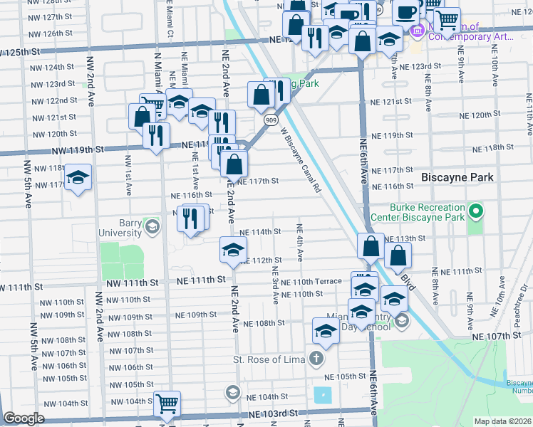 map of restaurants, bars, coffee shops, grocery stores, and more near 310 Northeast 116th Street in Miami