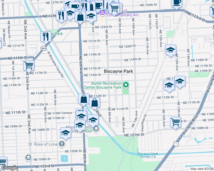 map of restaurants, bars, coffee shops, grocery stores, and more near 768 Northeast 115th Street in Biscayne Park