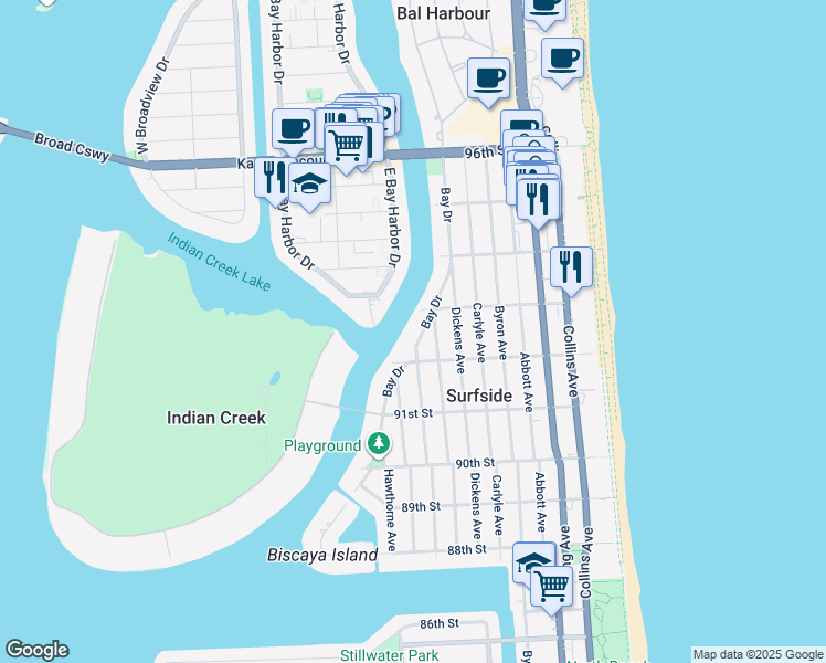 map of restaurants, bars, coffee shops, grocery stores, and more near 9250 Bay Drive in Surfside