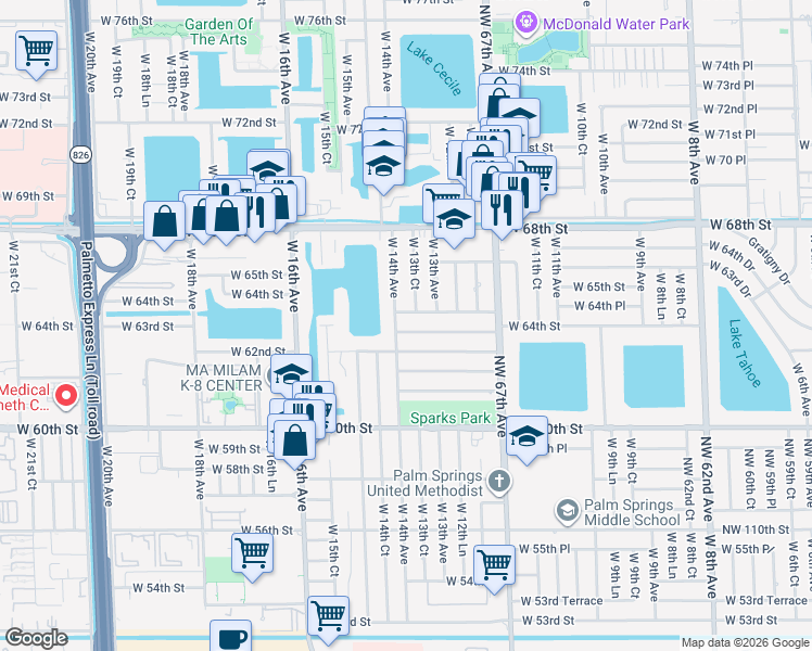map of restaurants, bars, coffee shops, grocery stores, and more near 1396 West 64th Terrace in Hialeah