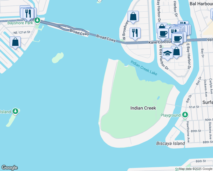 map of restaurants, bars, coffee shops, grocery stores, and more near 7 Indian Creek Island Road in Indian Creek