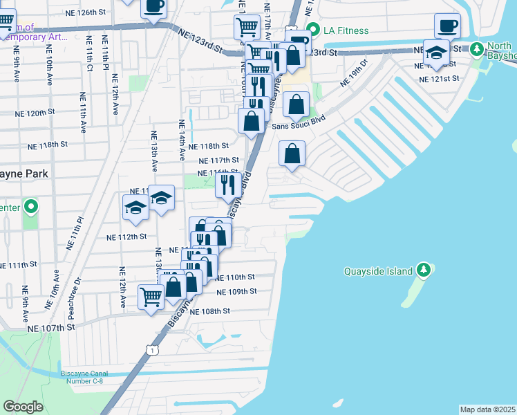 map of restaurants, bars, coffee shops, grocery stores, and more near 11401 Biscayne Boulevard in Miami
