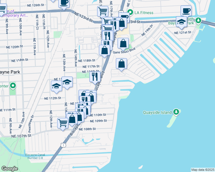map of restaurants, bars, coffee shops, grocery stores, and more near 1600 Northeast 114th Street in North Miami