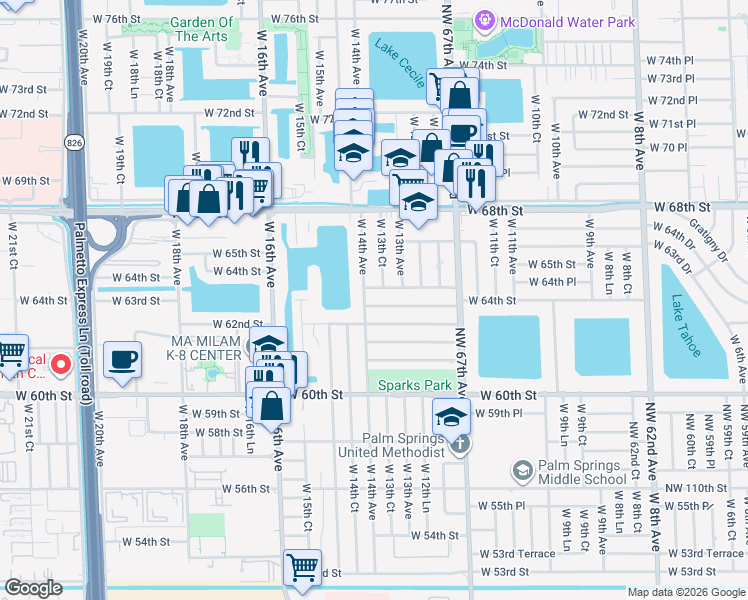 map of restaurants, bars, coffee shops, grocery stores, and more near 1396 West 64th Terrace in Hialeah