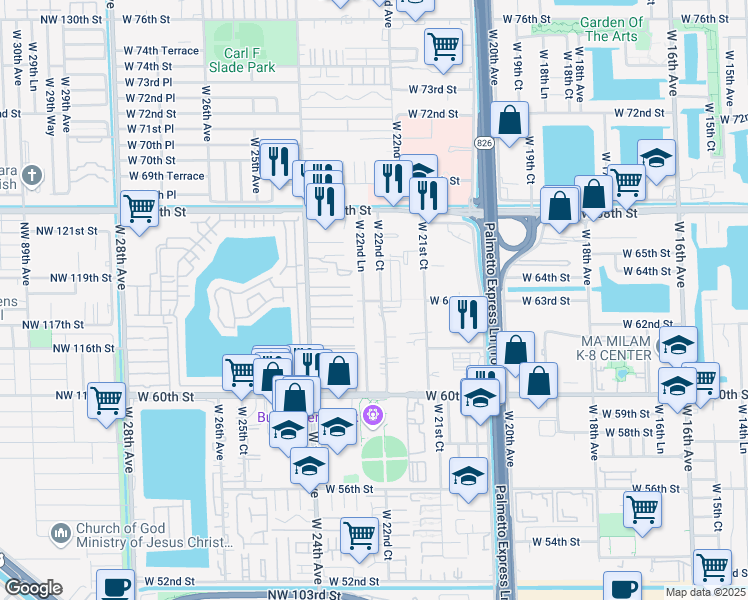 map of restaurants, bars, coffee shops, grocery stores, and more near 6433 West 22nd Court in Hialeah