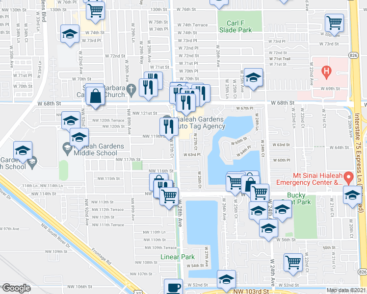 map of restaurants, bars, coffee shops, grocery stores, and more near 104 West 64th Place in Hialeah