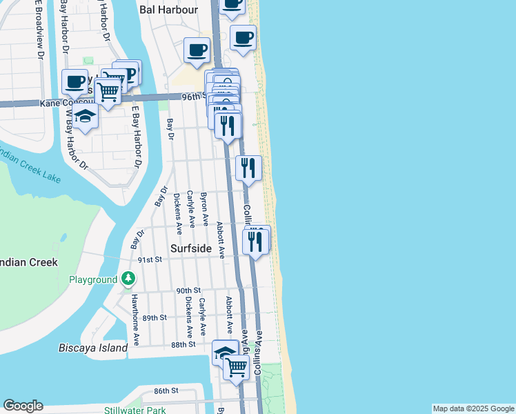 map of restaurants, bars, coffee shops, grocery stores, and more near 9241 Collins Avenue in Surfside
