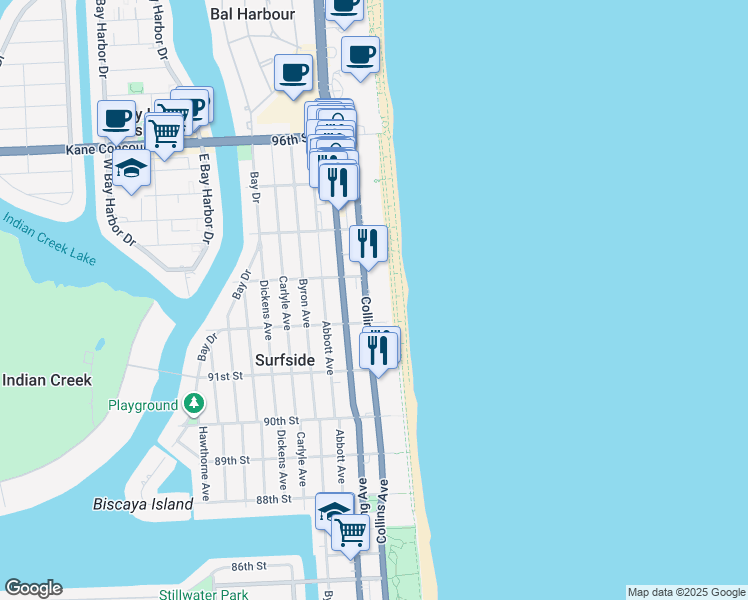 map of restaurants, bars, coffee shops, grocery stores, and more near 9264 Collins Avenue in Surfside