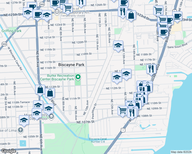map of restaurants, bars, coffee shops, grocery stores, and more near 1090 Northeast 115th Street in Biscayne Park