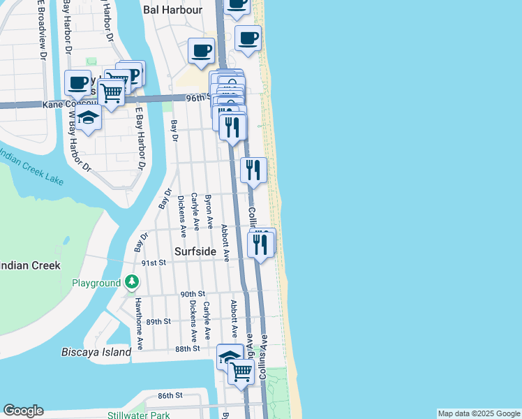 map of restaurants, bars, coffee shops, grocery stores, and more near 9241 Collins Avenue in Surfside