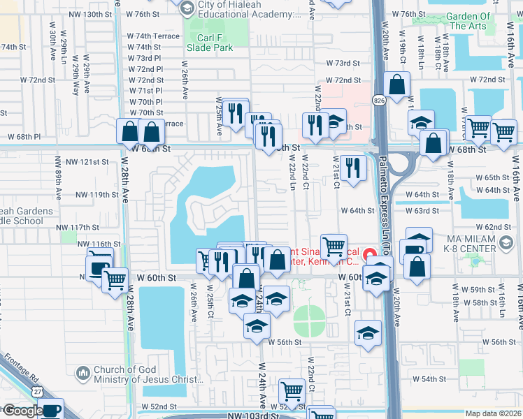 map of restaurants, bars, coffee shops, grocery stores, and more near 38 West 63rd Street in Hialeah