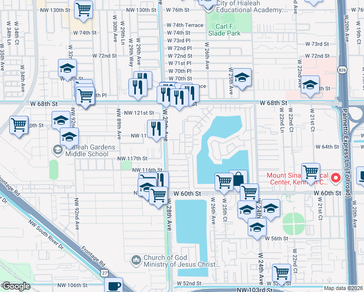 map of restaurants, bars, coffee shops, grocery stores, and more near 104 West 64th Place in Hialeah