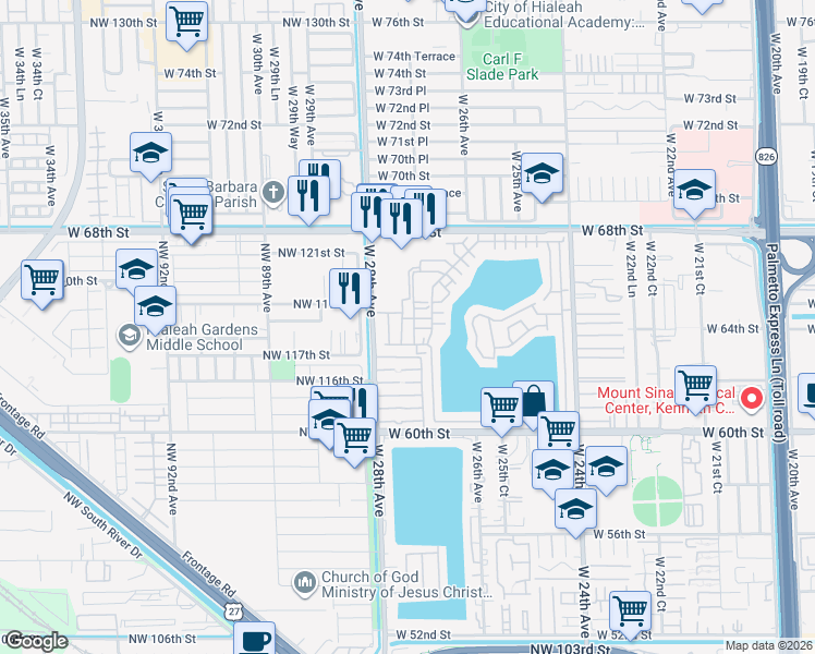 map of restaurants, bars, coffee shops, grocery stores, and more near 104 West 64th Place in Hialeah