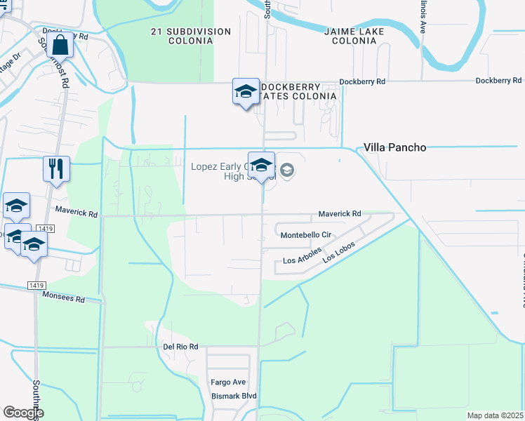 map of restaurants, bars, coffee shops, grocery stores, and more near 3205 South Dakota Avenue in Brownsville