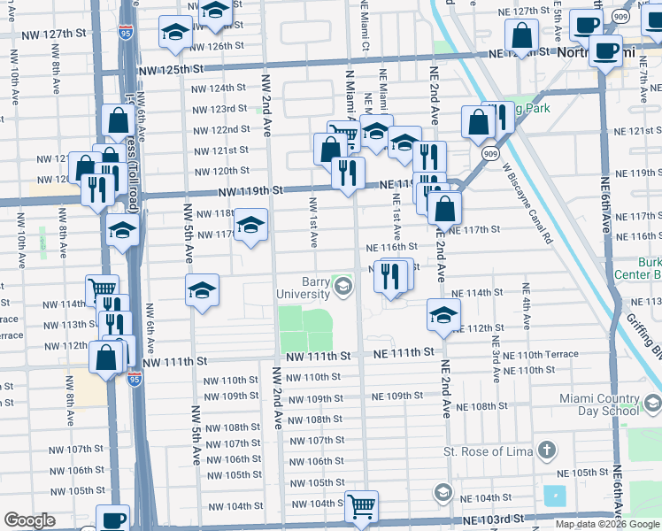 map of restaurants, bars, coffee shops, grocery stores, and more near 29 Northwest 115th Street in Miami