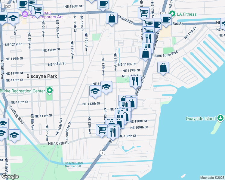 map of restaurants, bars, coffee shops, grocery stores, and more near 1362 Northeast 114th Terrace in Miami