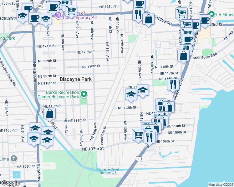 map of restaurants, bars, coffee shops, grocery stores, and more near 11342 Peachtree Drive in Miami