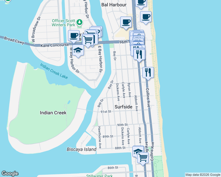 map of restaurants, bars, coffee shops, grocery stores, and more near 9273 Emerson Avenue in Surfside