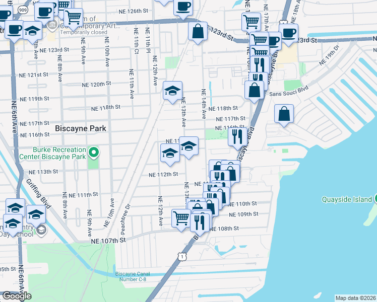 map of restaurants, bars, coffee shops, grocery stores, and more near 11422 Northeast 13th Avenue in Miami
