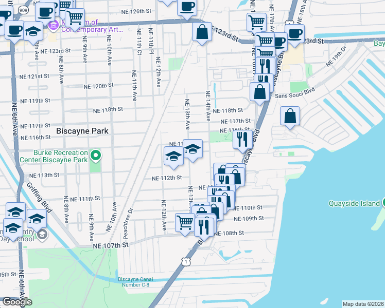 map of restaurants, bars, coffee shops, grocery stores, and more near 11422 Northeast 13th Avenue in Miami