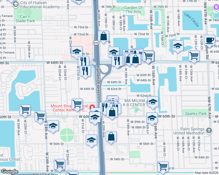 map of restaurants, bars, coffee shops, grocery stores, and more near 1937 West 63rd Street in Hialeah