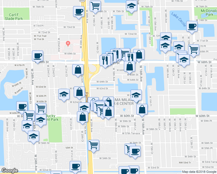 map of restaurants, bars, coffee shops, grocery stores, and more near 1853 West 63rd Street in Hialeah