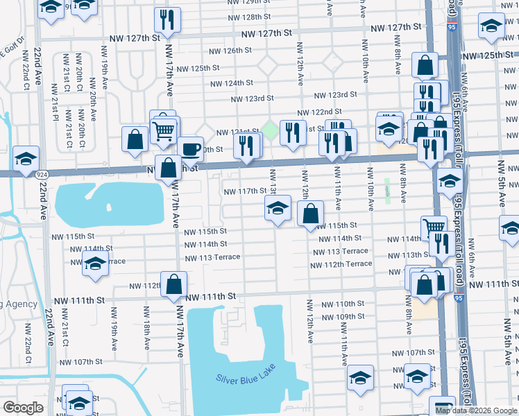 map of restaurants, bars, coffee shops, grocery stores, and more near 1340 Northwest 116th Terrace in Miami