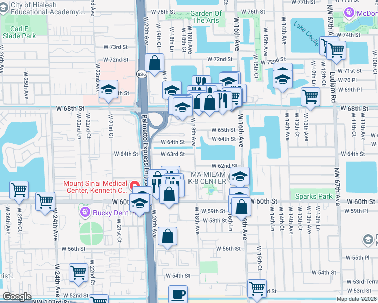 map of restaurants, bars, coffee shops, grocery stores, and more near 1853 West 63rd Street in Hialeah