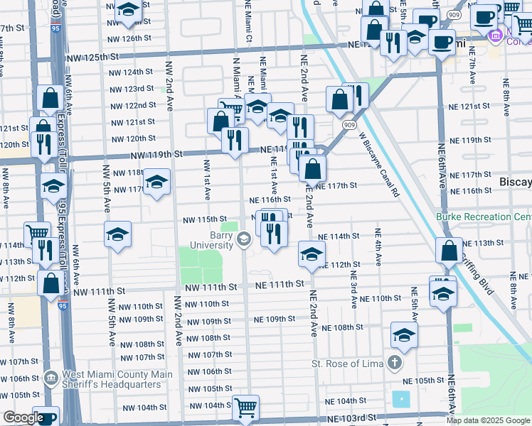 map of restaurants, bars, coffee shops, grocery stores, and more near 35 Northeast 115th Street in Miami