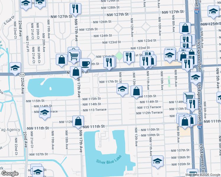 map of restaurants, bars, coffee shops, grocery stores, and more near 1340 Northwest 116th Terrace in Miami
