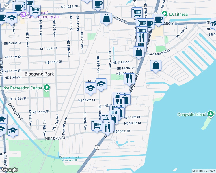 map of restaurants, bars, coffee shops, grocery stores, and more near 1362 Northeast 114th Terrace in Miami