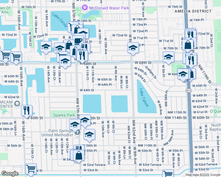 map of restaurants, bars, coffee shops, grocery stores, and more near 957 West 64th Street in Hialeah