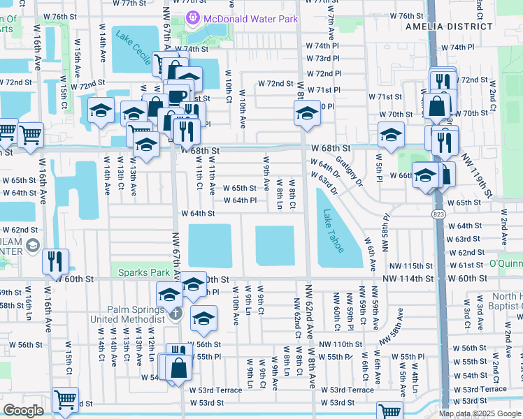 map of restaurants, bars, coffee shops, grocery stores, and more near 957 West 64th Street in Hialeah