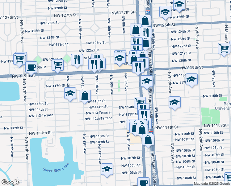 map of restaurants, bars, coffee shops, grocery stores, and more near 981 Northwest 116th Street in Miami