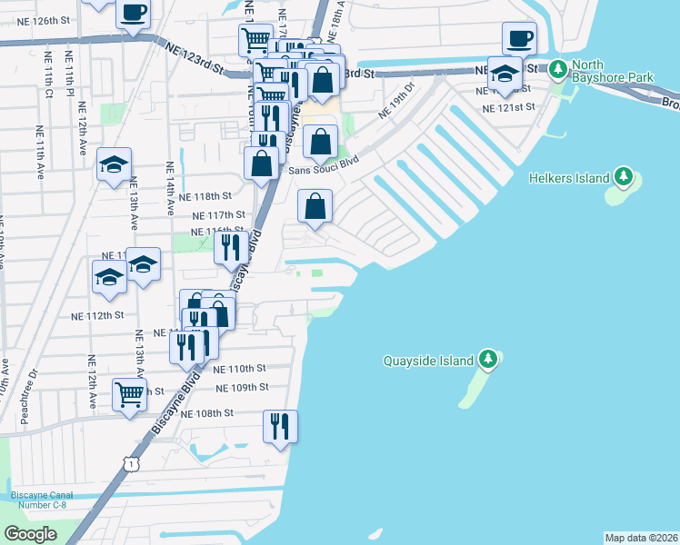 map of restaurants, bars, coffee shops, grocery stores, and more near 1800 Northeast 114th Street in Miami