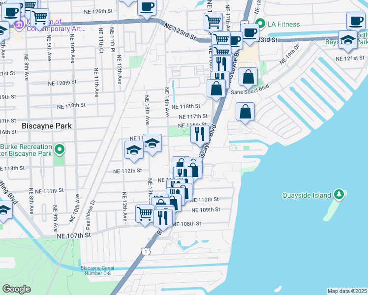map of restaurants, bars, coffee shops, grocery stores, and more near Unnamed Road in Miami