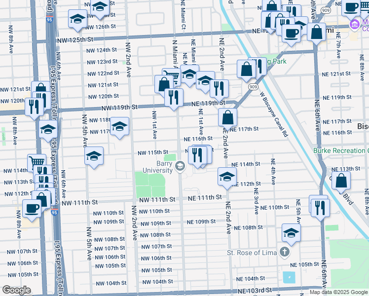 map of restaurants, bars, coffee shops, grocery stores, and more near 35 Northeast 115th Street in Miami