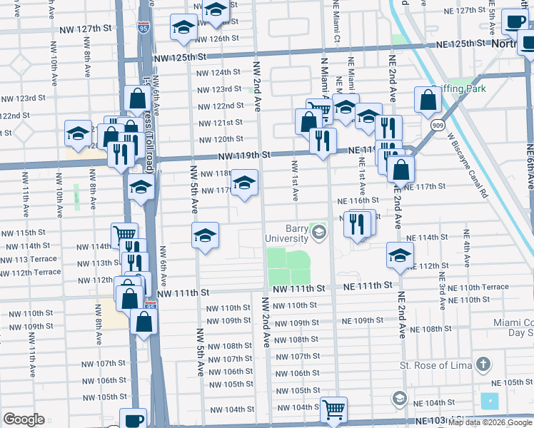 map of restaurants, bars, coffee shops, grocery stores, and more near 11535 Northwest 2nd Avenue in Miami