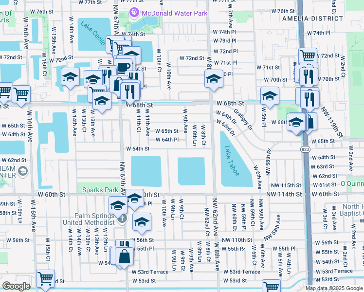 map of restaurants, bars, coffee shops, grocery stores, and more near 957 West 64th Street in Hialeah