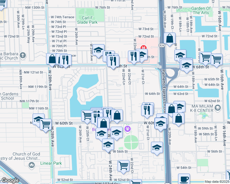map of restaurants, bars, coffee shops, grocery stores, and more near 38 West 63rd Street in Hialeah