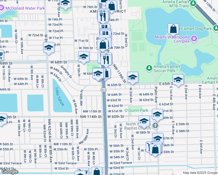 map of restaurants, bars, coffee shops, grocery stores, and more near 372 West 65th Street in Hialeah