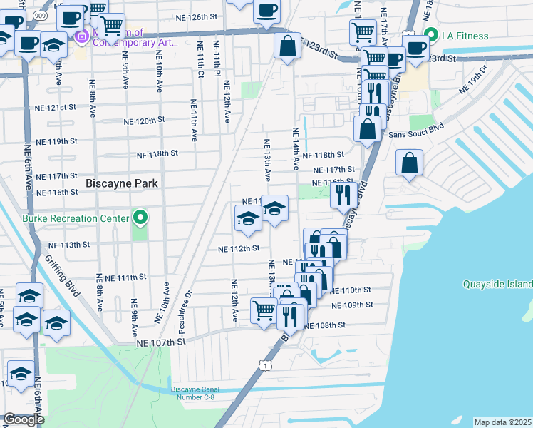 map of restaurants, bars, coffee shops, grocery stores, and more near 11422 Northeast 13th Avenue in Miami