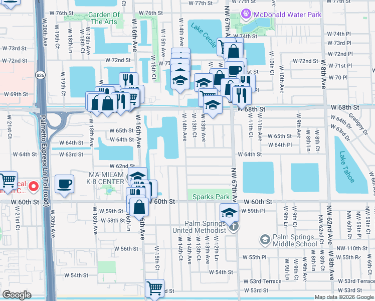 map of restaurants, bars, coffee shops, grocery stores, and more near 1396 West 64th Terrace in Hialeah