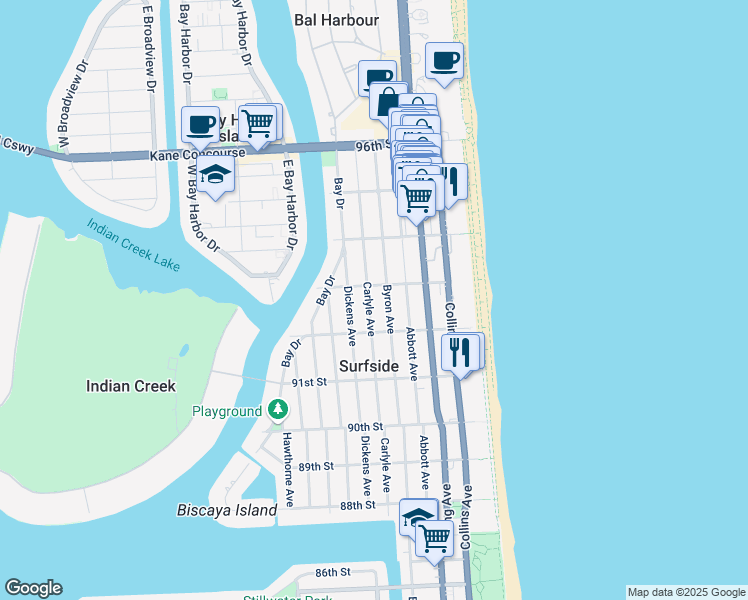 map of restaurants, bars, coffee shops, grocery stores, and more near 9265 Carlyle Avenue in Surfside