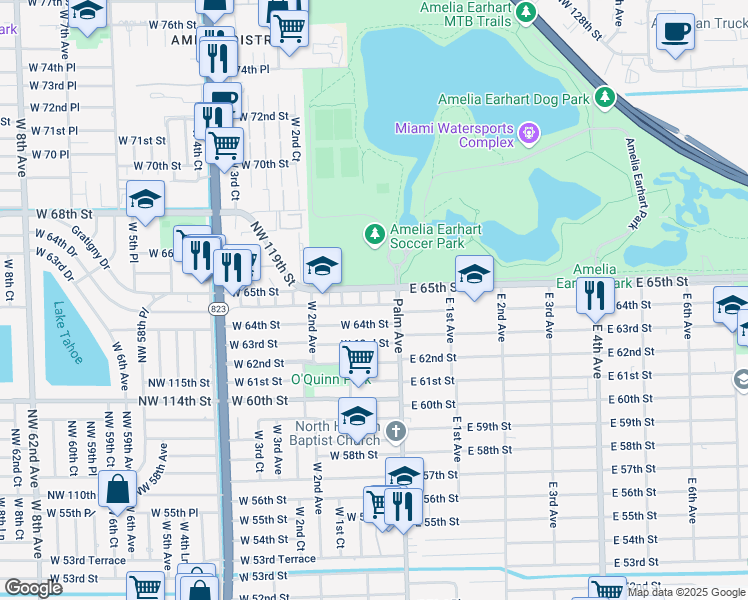 map of restaurants, bars, coffee shops, grocery stores, and more near 6474 West Palm Court in Hialeah