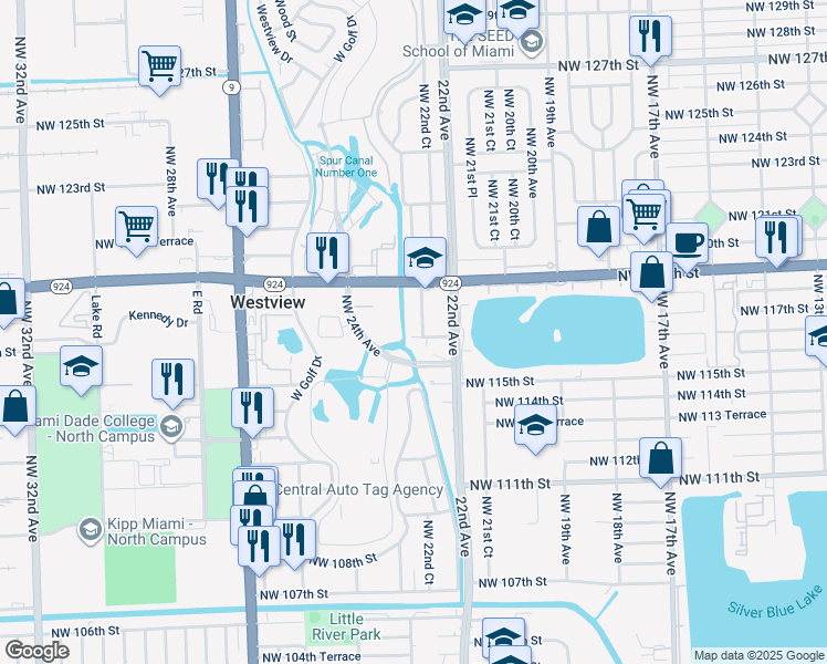 map of restaurants, bars, coffee shops, grocery stores, and more near 11704 Northwest 22nd Court in Miami