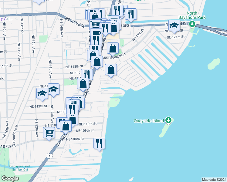 map of restaurants, bars, coffee shops, grocery stores, and more near 1601 Northeast 114th Street in Miami